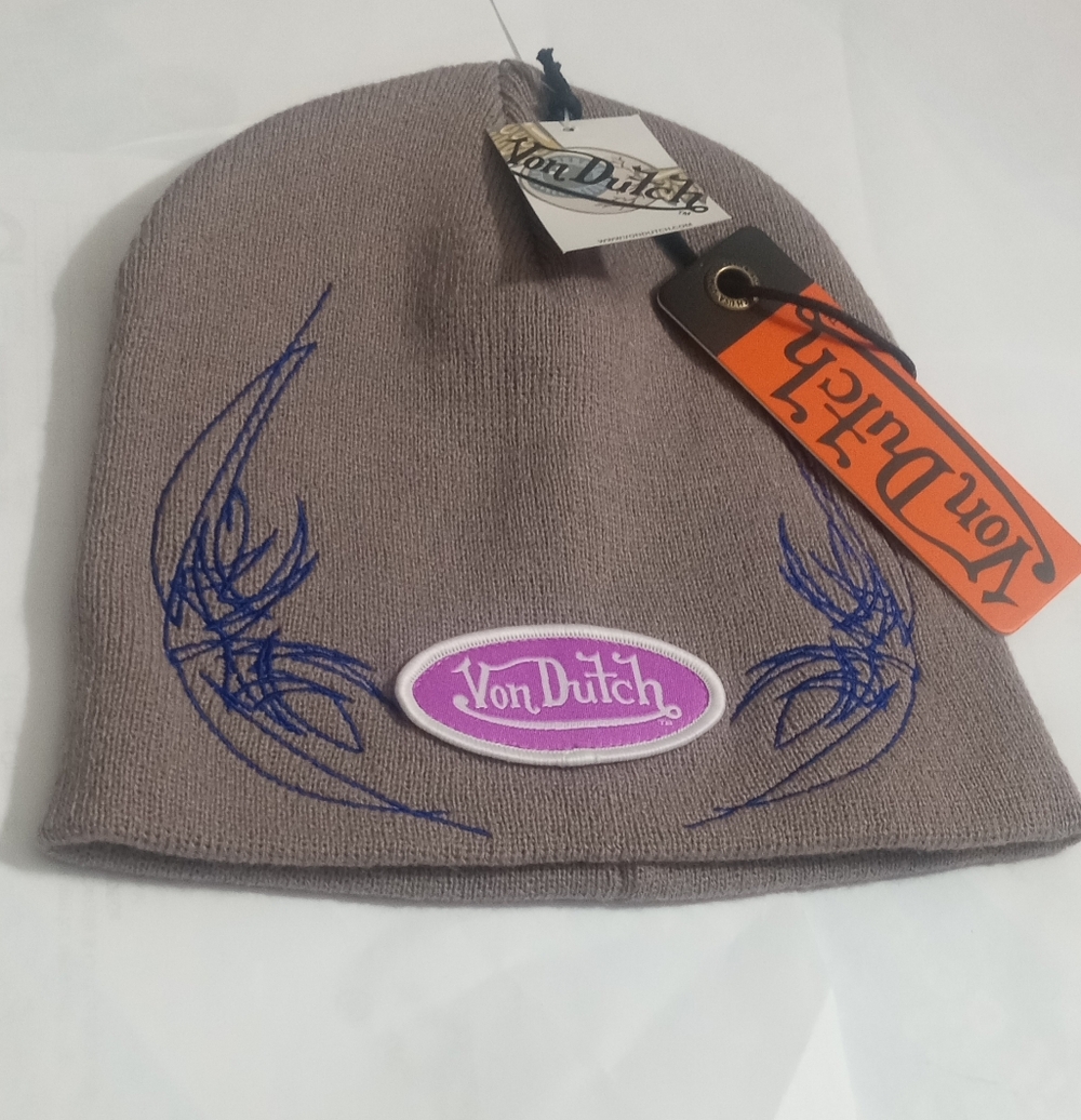 Von Dutch Brown-Mauve by Christian Audigier Beanie with White & Pink Embroidery